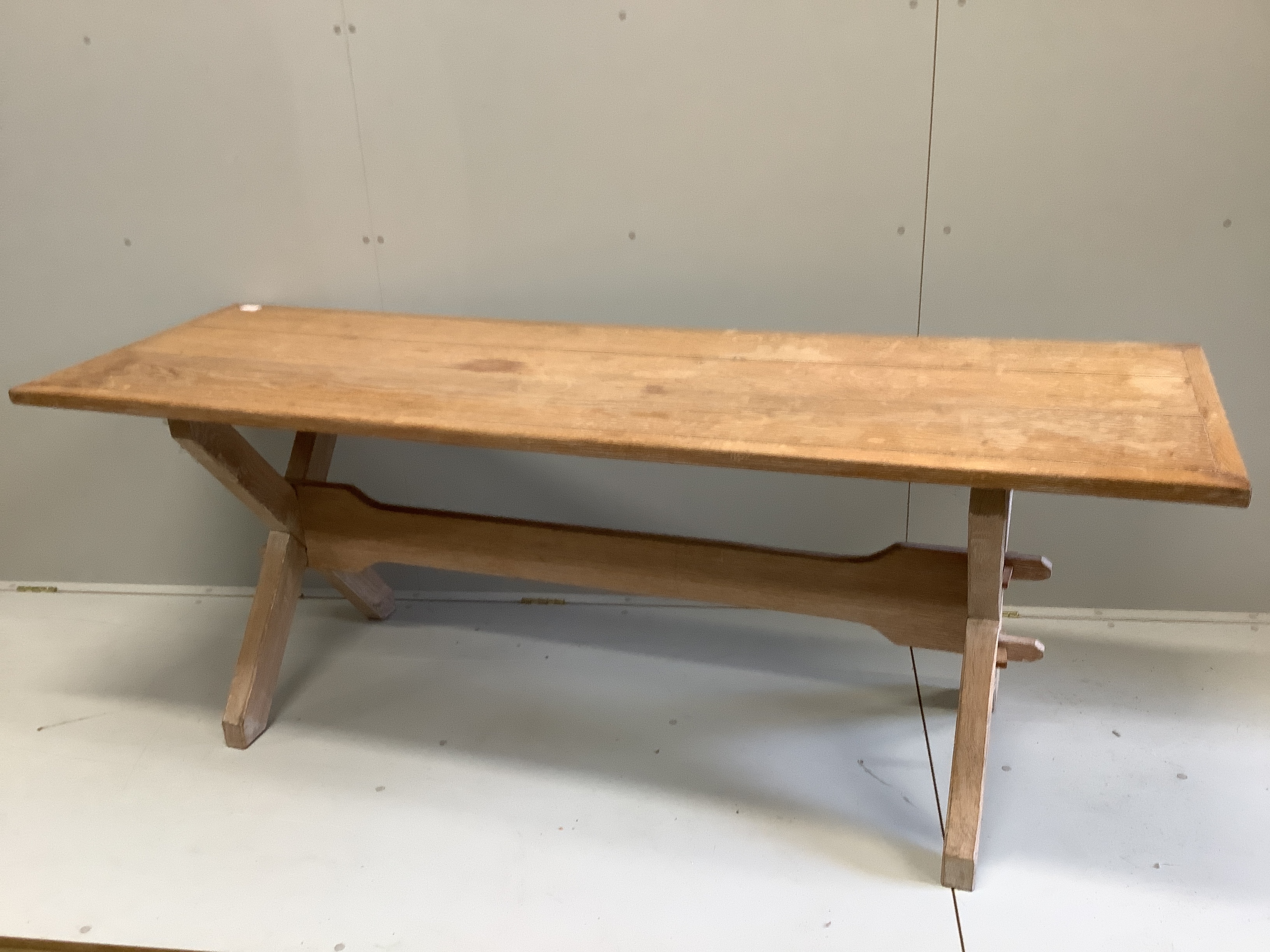 An 18th century style rectangular bleached oak tavern table, length 205cm, width 67cm, height 74cm